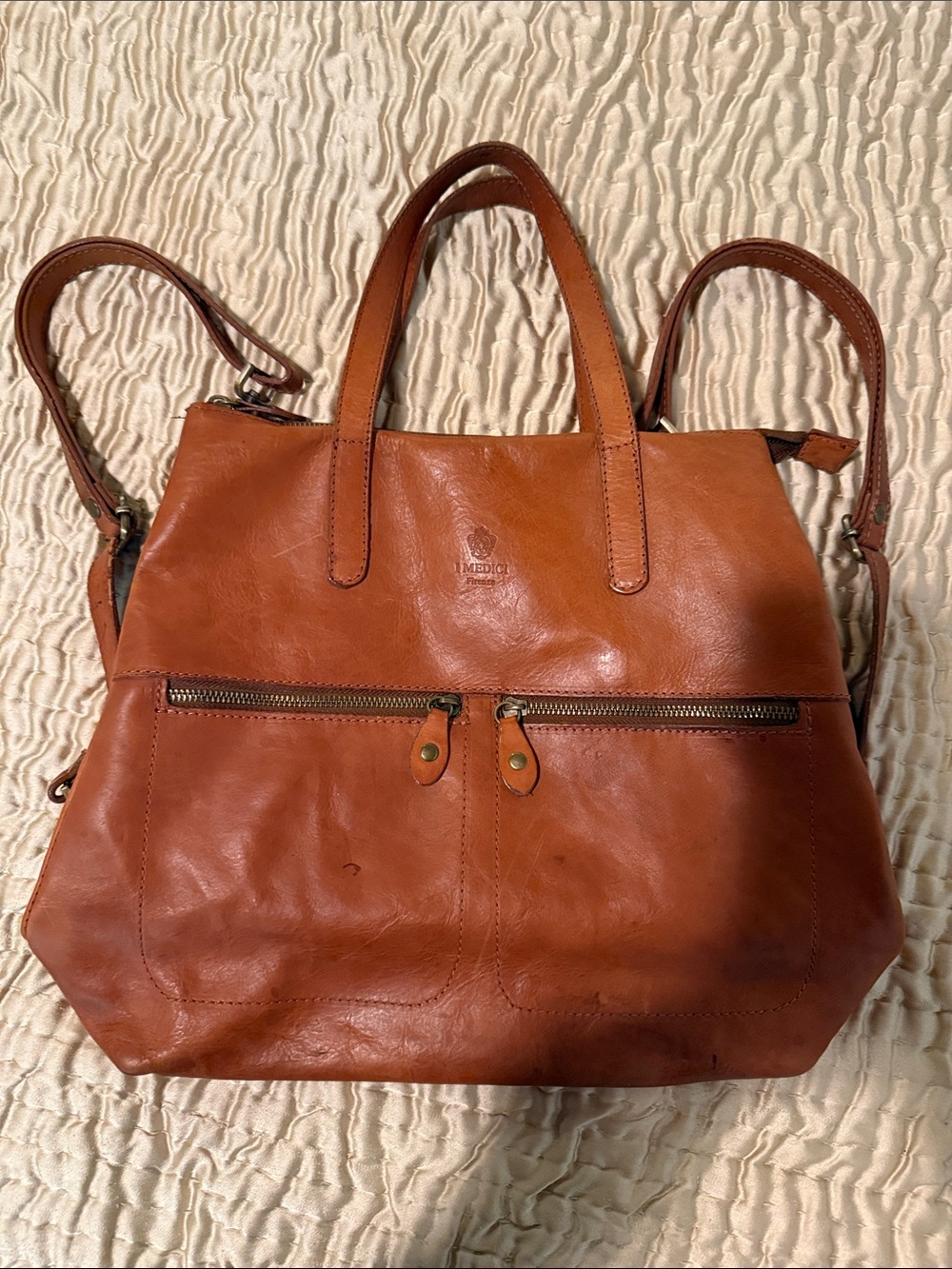 I MEDICI FIRENZE Cognac Brown Leather Convertible Backpack Tote